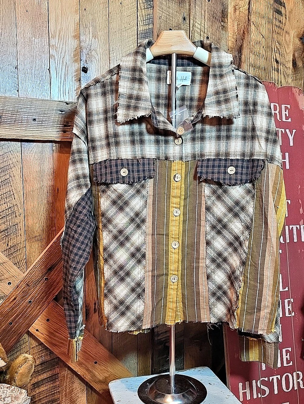 262p Oli & Hali Washed Plaid Mix Button Up Shirt Brown & Yellow Small
